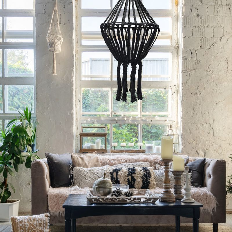 Veliki Macrame Pleteni Luster - Crna