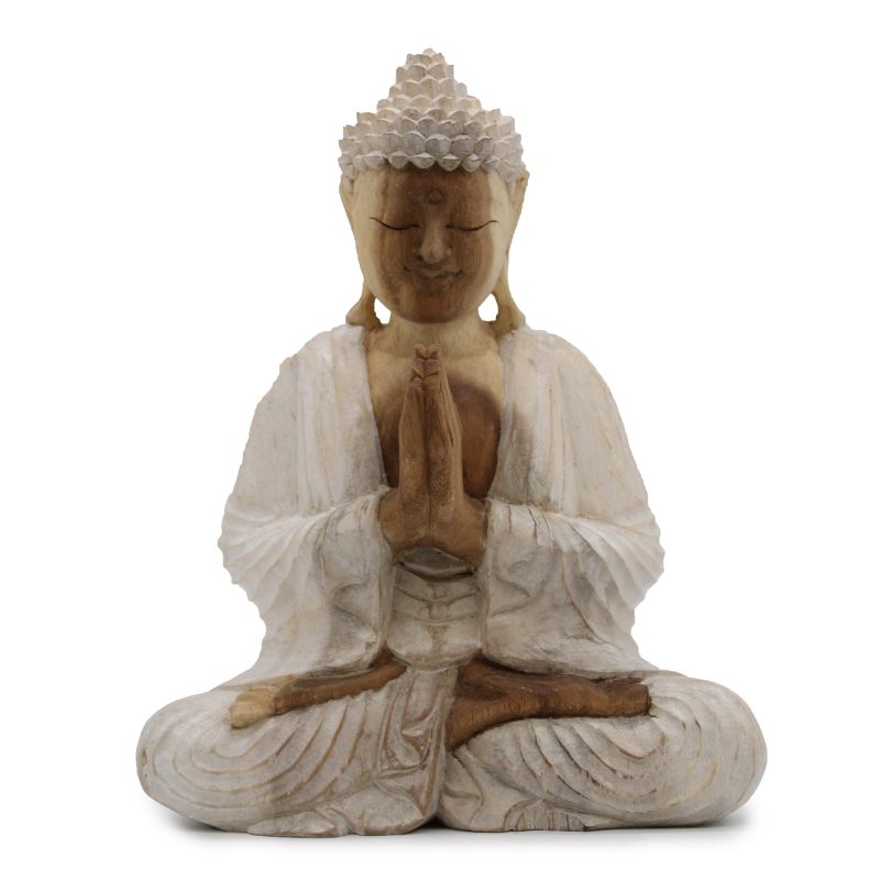 Ručno Izrezbarena Buddha Statua - Dobrodošli - Isprano Bijela 30cm