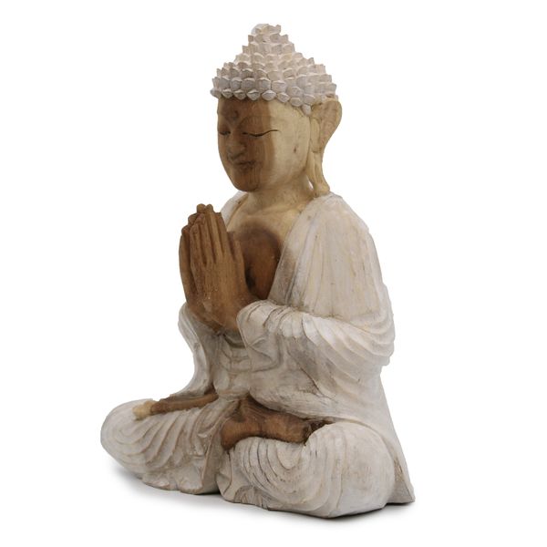 Ručno Izrezbarena Buddha Statua - Dobrodošli - Isprano Bijela 30cm
