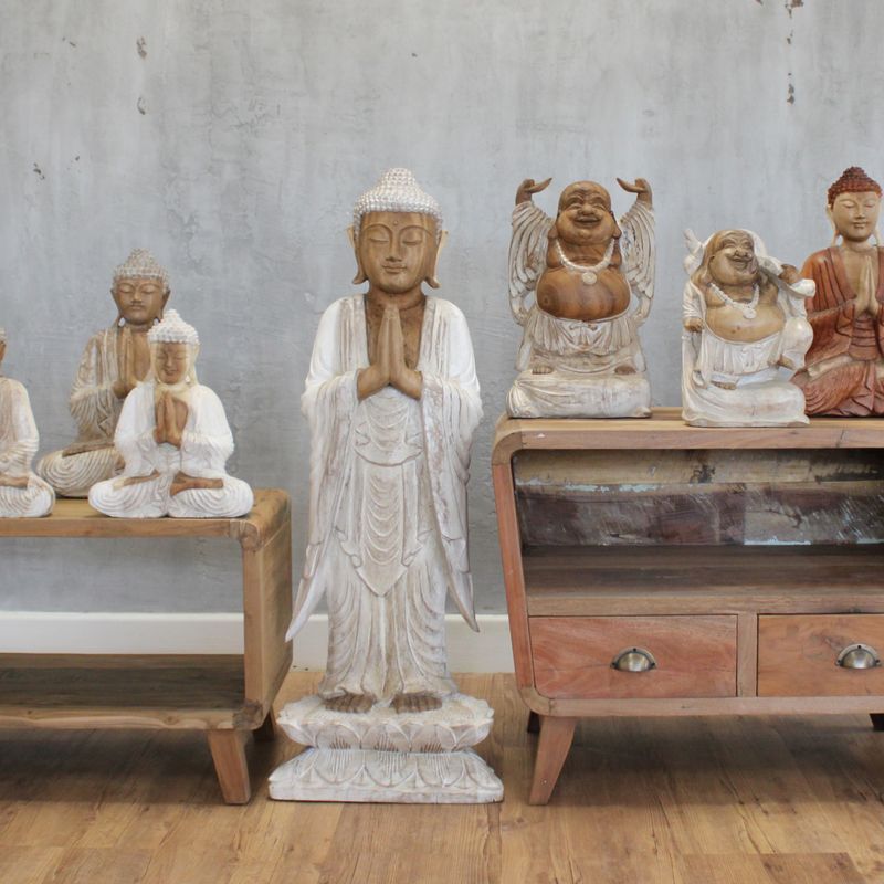 Ručno Izrezbarena Buddha Statua - Dobrodošli - Isprano Bijela 100cm