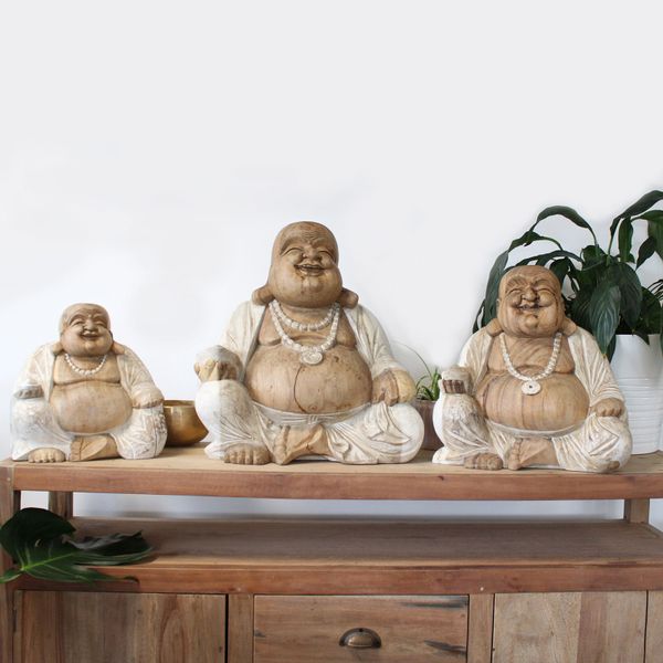 Ručno Izrezbarena Buddha Statua - Sretno Lice - Isprano Bijela 30cm