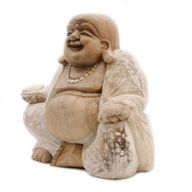 Ručno Izrezbarena Buddha Statua - Sretno Lice - Isprano Bijela 30cm