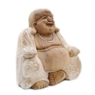Ručno Izrezbarena Buddha Statua - Sretno Lice - Isprano Bijela 30cm