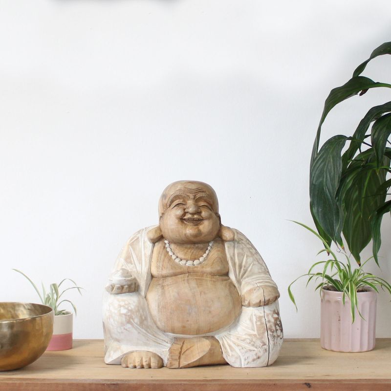 Ručno Izrezbarena Buddha Statua - Sretno Lice - Isprano Bijela 30cm