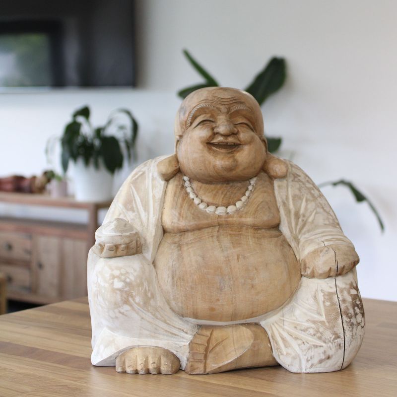 Ručno Izrezbarena Buddha Statua - Sretno Lice - Isprano Bijela 30cm