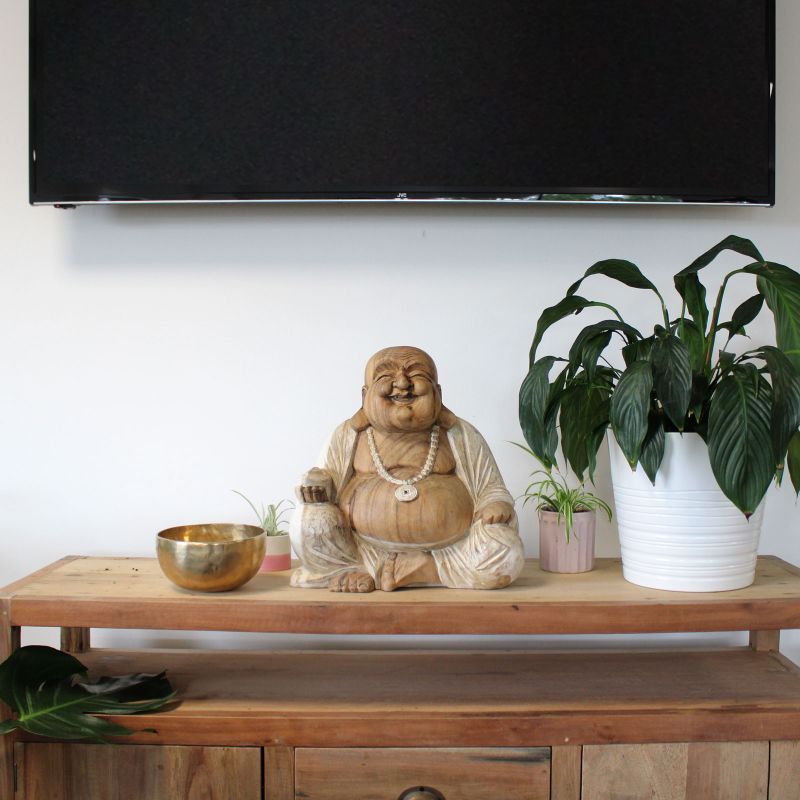 Ručno Izrezbarena Buddha Statua - 40 cm Sretan - Isprano Bijela
