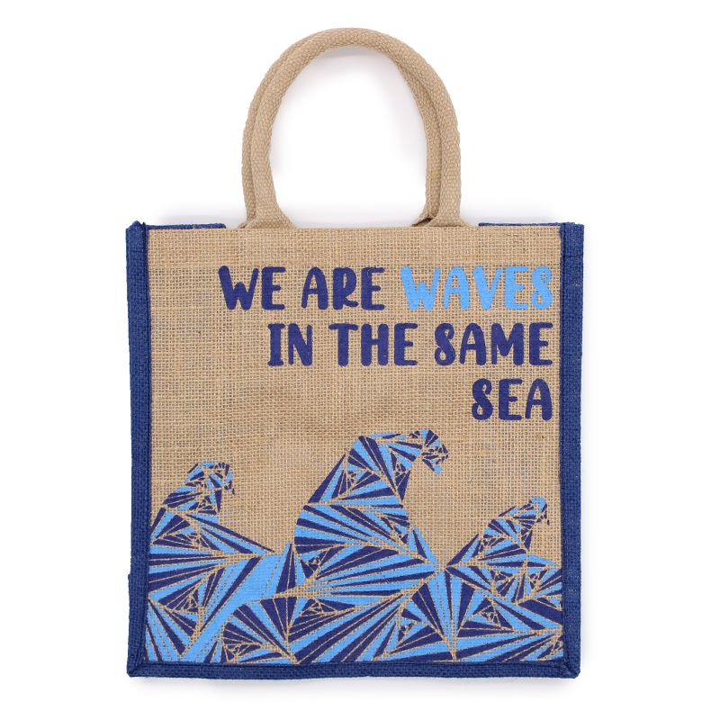 Jutene Torbe s Printom - We are Waves - Siva, Plava, Prirodna