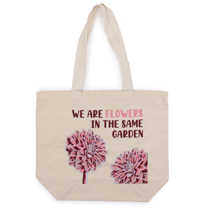 Pamučna Torba s Printom - We are Flowers - Maslinasta, Plava i Prirodna