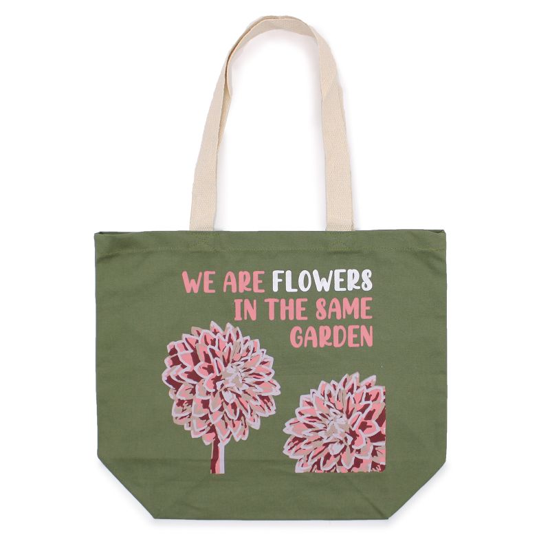 Pamučna Torba s Printom - We are Flowers - Maslinasta, Plava i Prirodna
