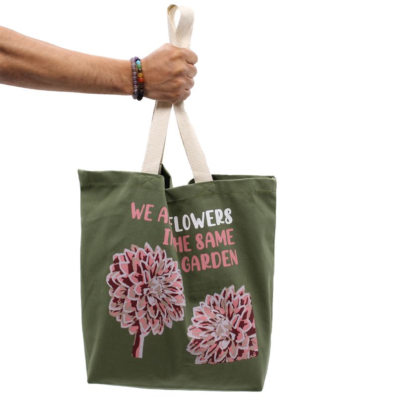 Pamučna Torba s Printom - We are Flowers - Maslinasta, Plava i Prirodna