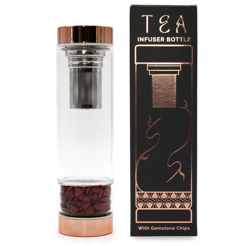 Staklena boca za čaj s infuzerom – Rose Gold – Crveni jaspis