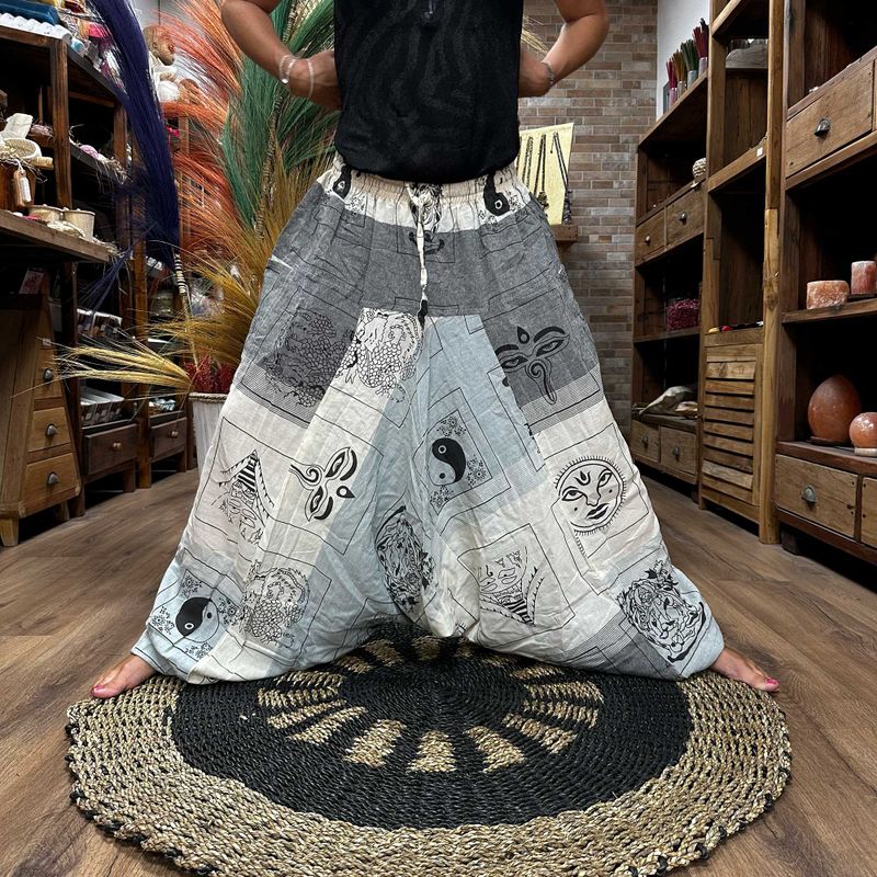 Hlače za Jogu i Festivale - Himalajski Print - Aladdin Stil - Siva