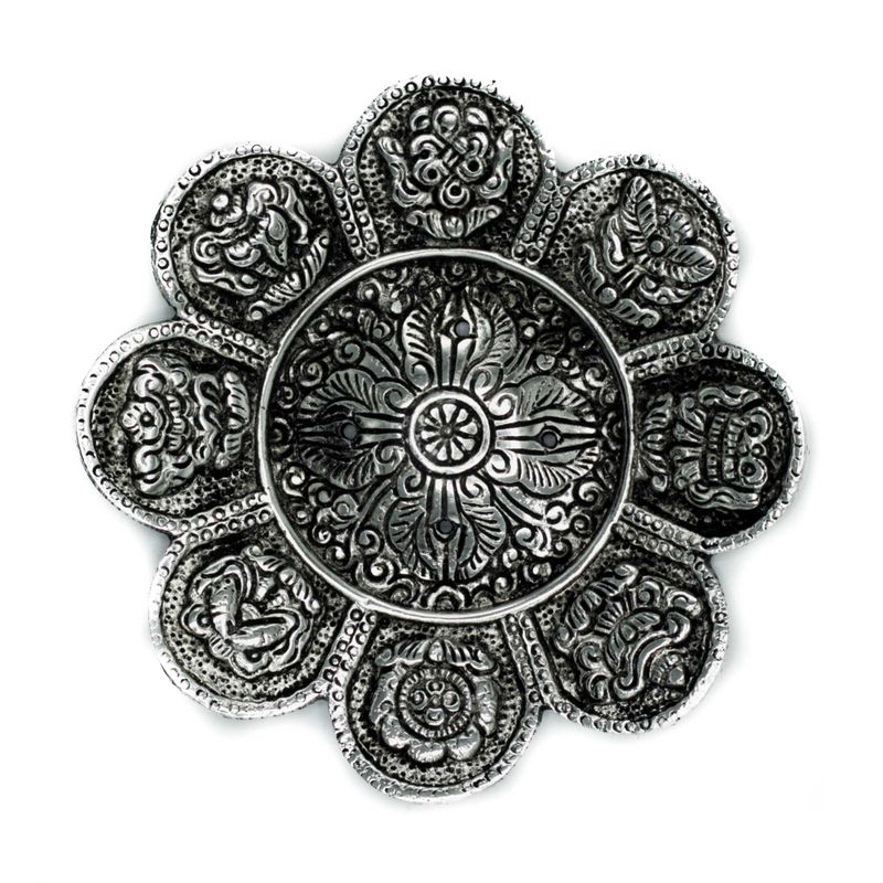 Tibetanski Simboli Stalak za Mirisne Štapiće od Poliranog Aluminija 12 cm