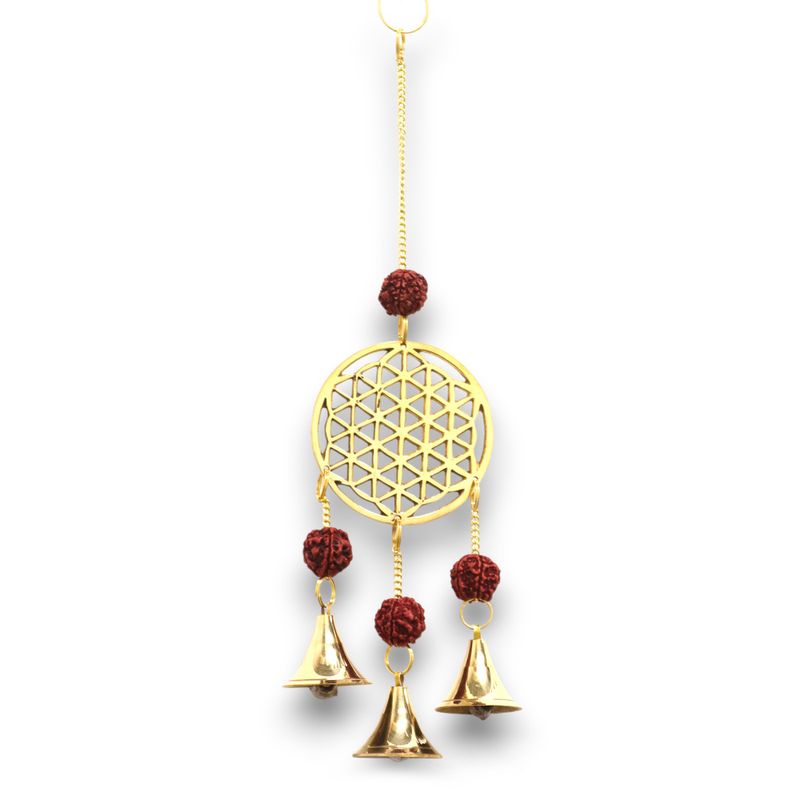 Indijsko Zvono - Mjedeni Cvijet Života s Rudraksha Perlama - 3 Zvona - 6x27cm