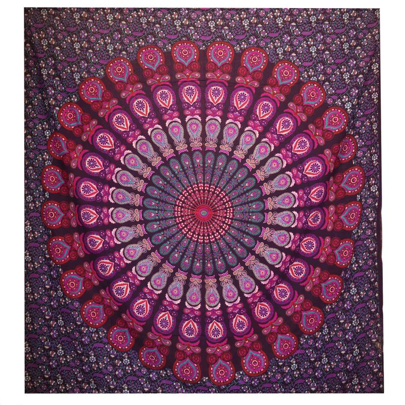 Dvostruki Pamučni Prekrivač + Zidna Zavjesa - Paun Mandala - Ljubičasta