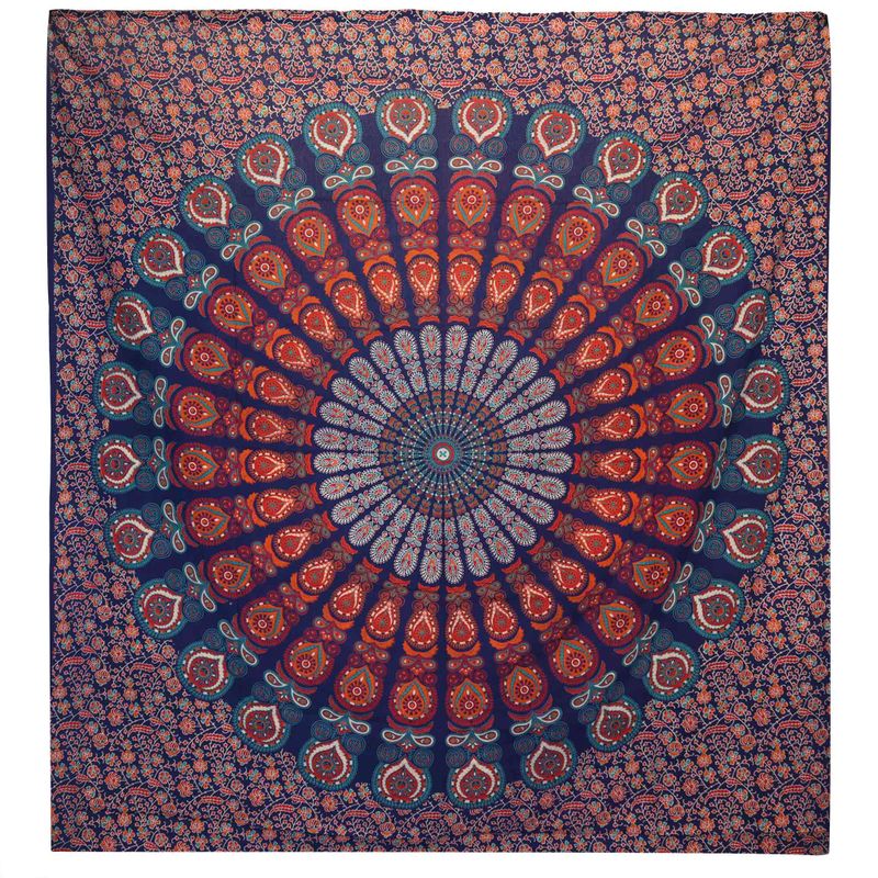 Dvostruki Pamučni Prekrivač + Zidna Zavjesa - Paun Mandala - Plava