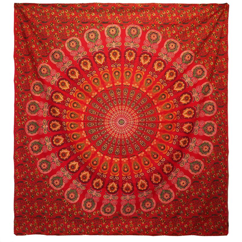 Dvostruki Pamučni Prekrivač + Zidna Zavjesa - Paun Mandala - Crvena