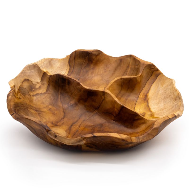 Uglačana Okrugla Zdjela za Voće od Tikovine s Tri Odjeljka - 30x5,5cm