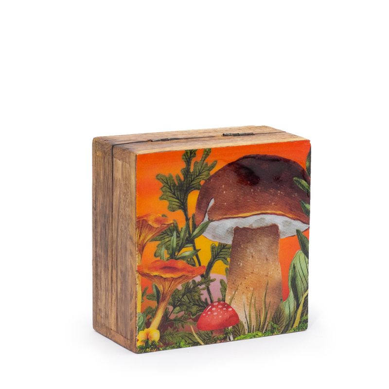Mala Emajlirana Kvadratna Kutija 10x10x4,2cm - Dizajn Gljiva, Kestenjasta Boja
