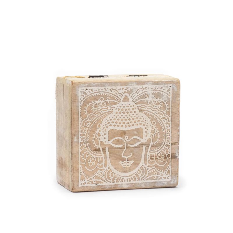 Mala Kvadratna Kutija 10x10x4.2cm - Lice Bude Bijela Patina