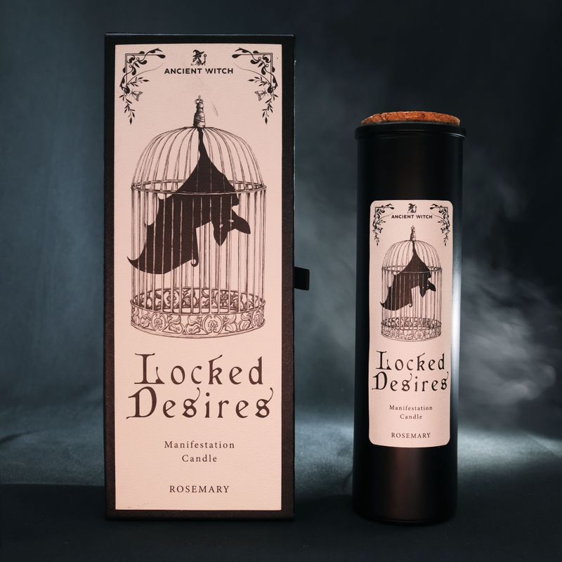 Ritualna svijeća Locked Desires prikazana uz ilustriranu ambalažu