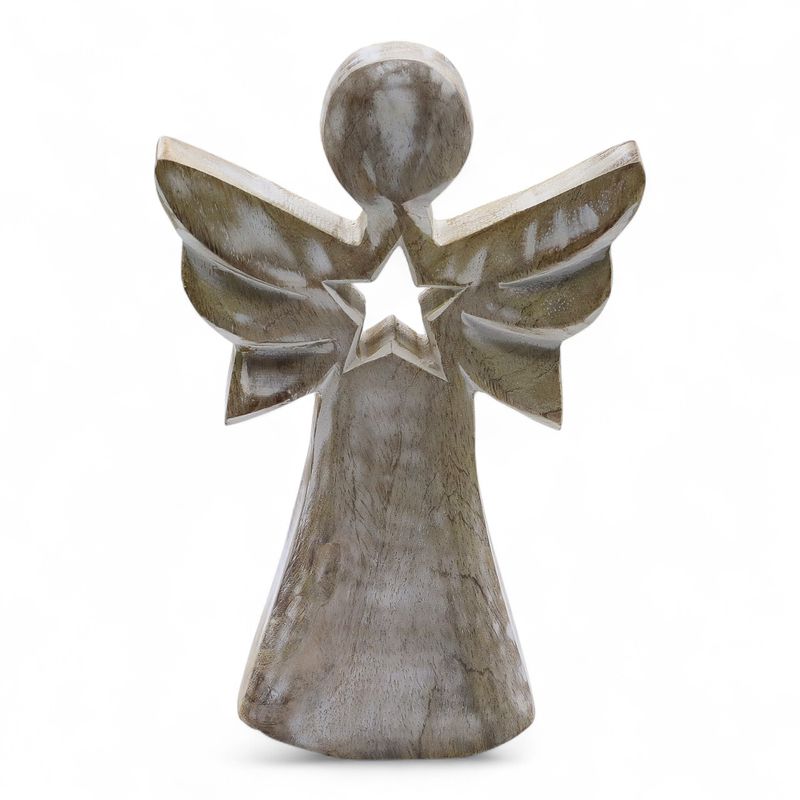 Anđeo od Drveta Manga - Bijela Patina s Izrezanom Zvijezdom - 18cm