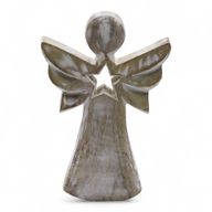 Anđeo od Drveta Manga - Bijela Patina s Izrezanom Zvijezdom - 18cm