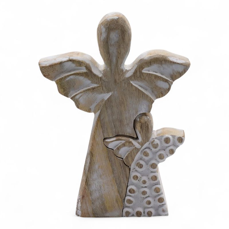 Anđeo u Anđelu od Drveta Manga - Bijela Patina - 15cm