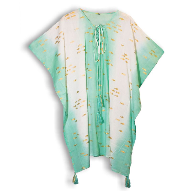 Nomad Sari On the Med Kolekcija - Kaftan - Bijela & Tirkizna i Dizajn Zlatne Ribice
