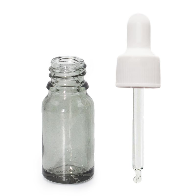 10 ml staklena bočica s kapaljkom u dimno-sivoj boji s bijelom pipetom