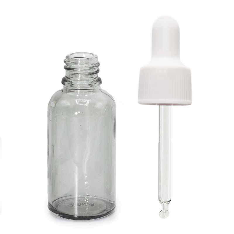 30ml staklena bočica s kapaljkom boje dimno siva s bijelom pipetom