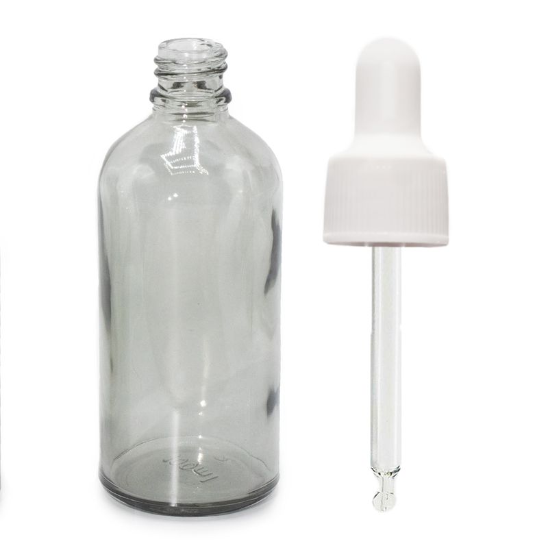 100 ml staklena bočica s kapaljkom u boji dimno siva, s bijelom pipetom