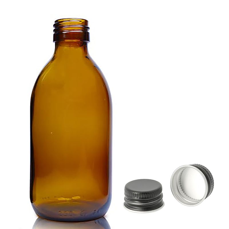 Jantarna Staklena Farmaceutska Boca s Aluminijskim Crnim Čepom 250ml
