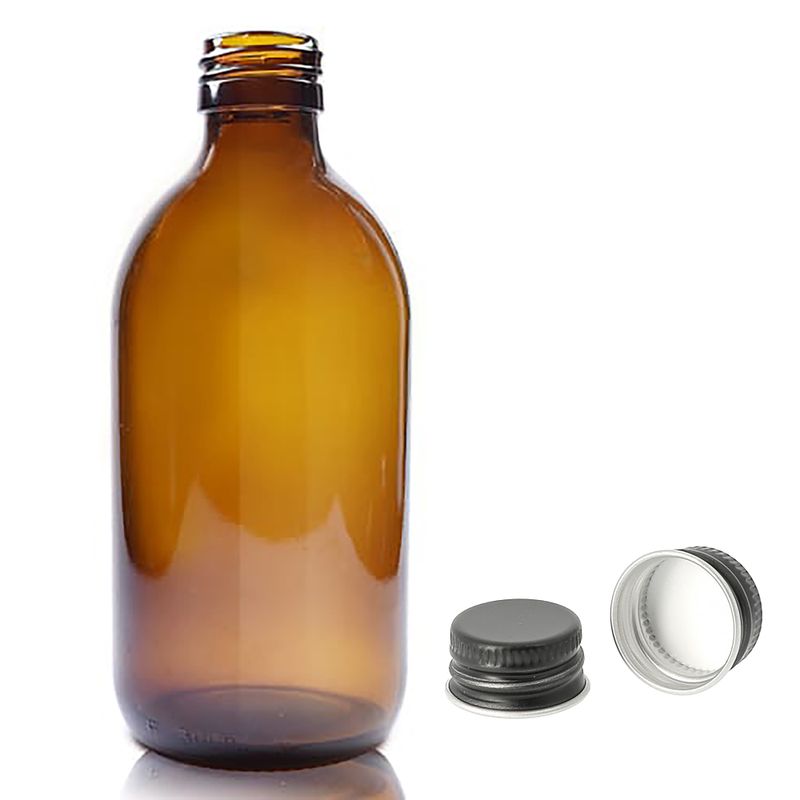 Jantarna Staklena Farmaceutska Boca s Aluminijskim Crnim Čepom 300ml