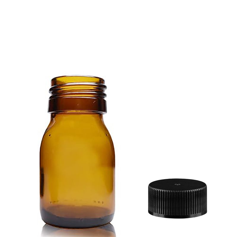Jantarna Staklena Farmaceutska Boca s Crnim Plastičkim Čepom 30ml