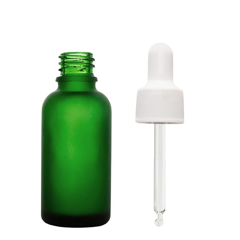 30 ml Mat zelena staklena bočica s kapaljkom i bijelom pipetom