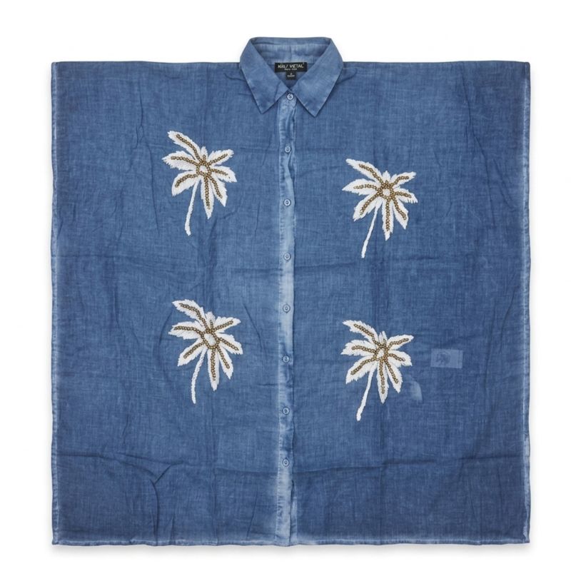 Nomad Sari u Mediteranskoj kolekciji - Kaftan - Plava s dekorom palmama u zlatnoj i bijeloj boji