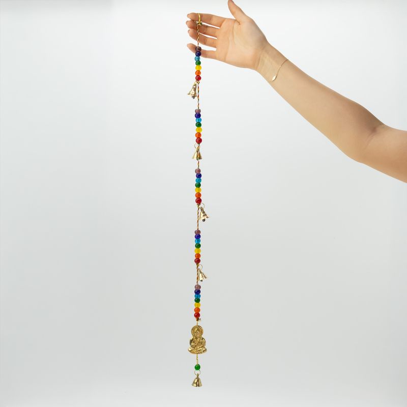 Indijski zvončići - brončani Buda s perlama čakri, niz zvona - 53 cm