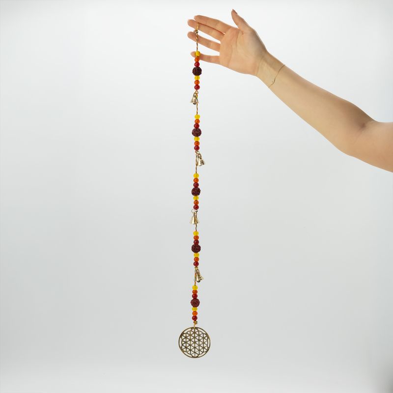 Indijski zvončići - mesing Cvijet života uz perle rudrakše i niz zvončića - 6x63 cm