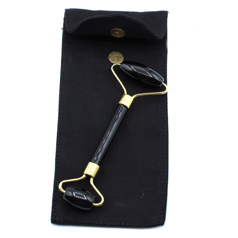 Roller za lice od dragog kamena - crni obsidijan s torbicom