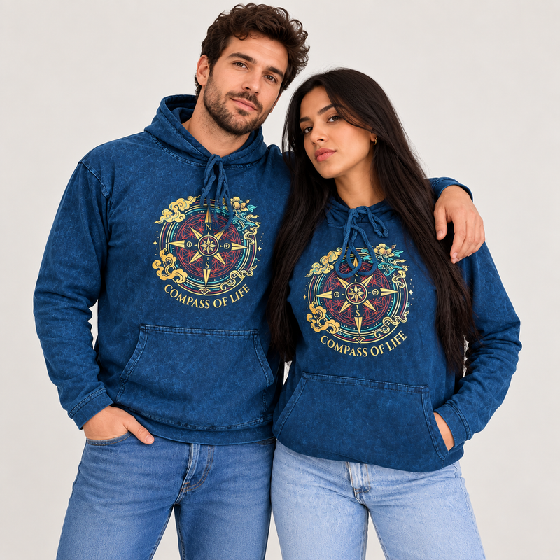 Mali kameno oprani hoodie majica s džepom kangaroo - Plavi kompas života