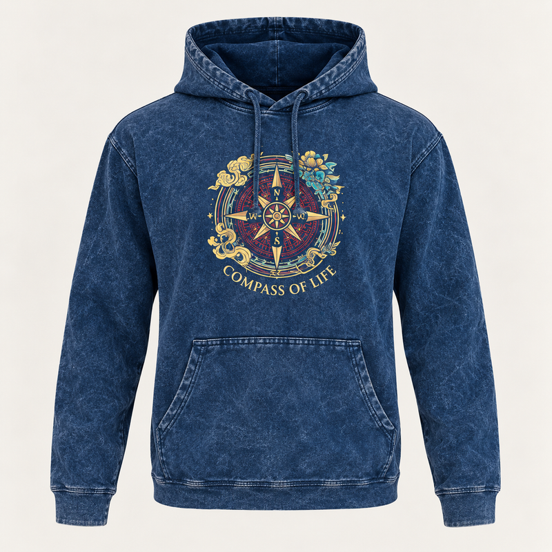 Mali kameno oprani hoodie majica s džepom kangaroo - Plavi kompas života