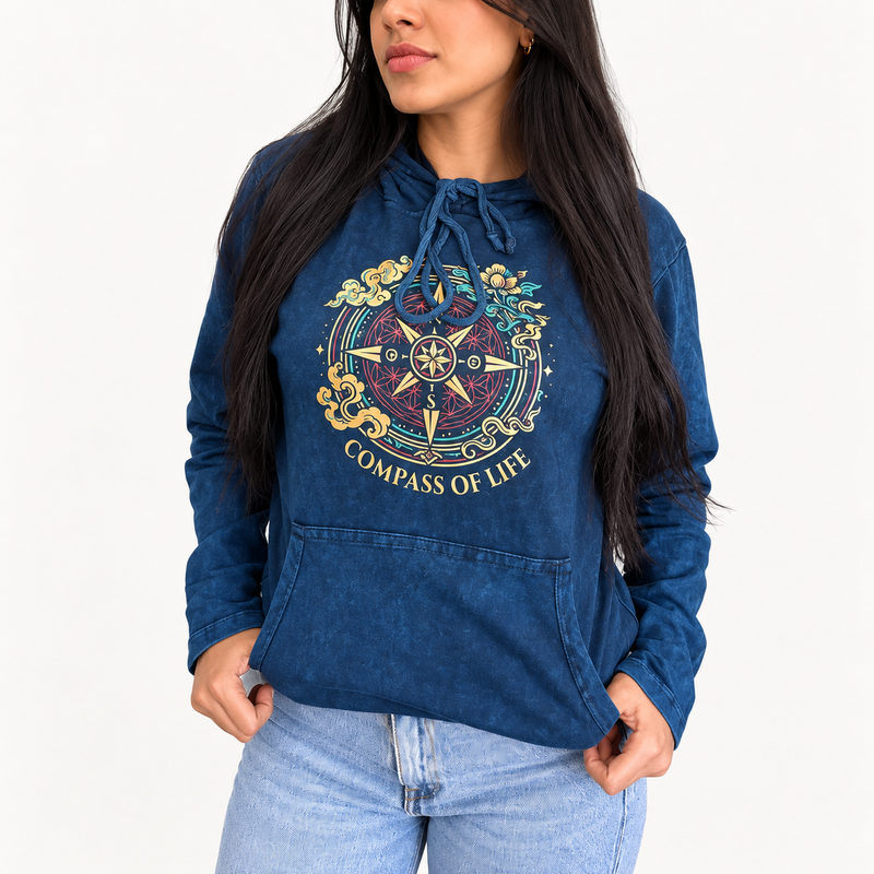 Mali kameno oprani hoodie majica s džepom kangaroo - Plavi kompas života