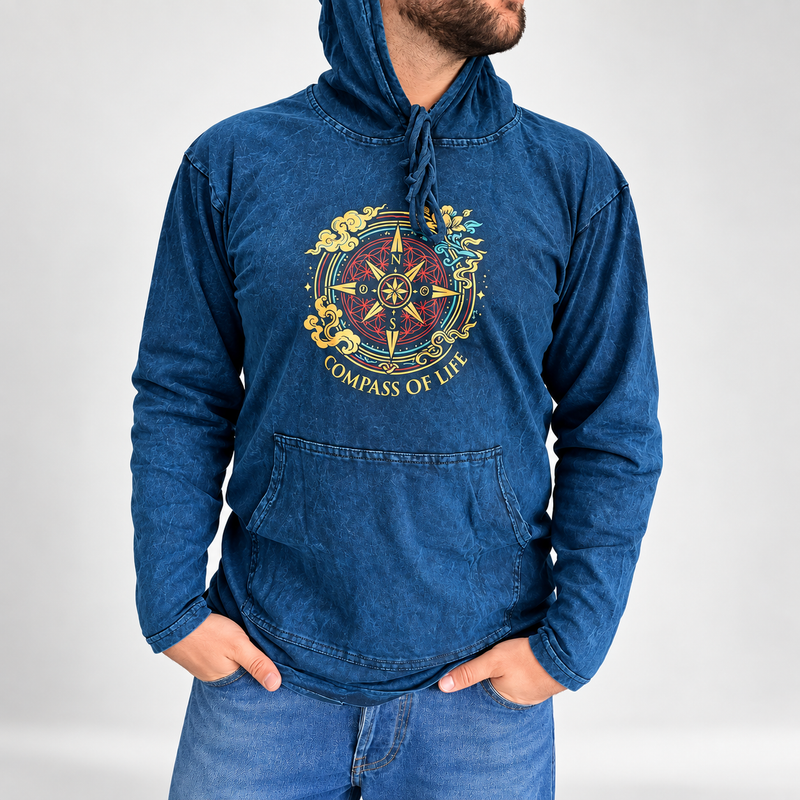 Mali kameno oprani hoodie majica s džepom kangaroo - Plavi kompas života