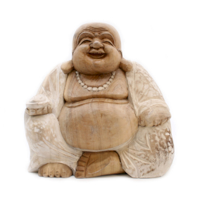 Ručno Izrezbarena Buddha Statua - Sretno Lice - Isprano Bijela 30cm