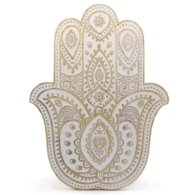 Hamsa Zidna Ploča od Drveta Manga - Bijela Patina - 52 cm